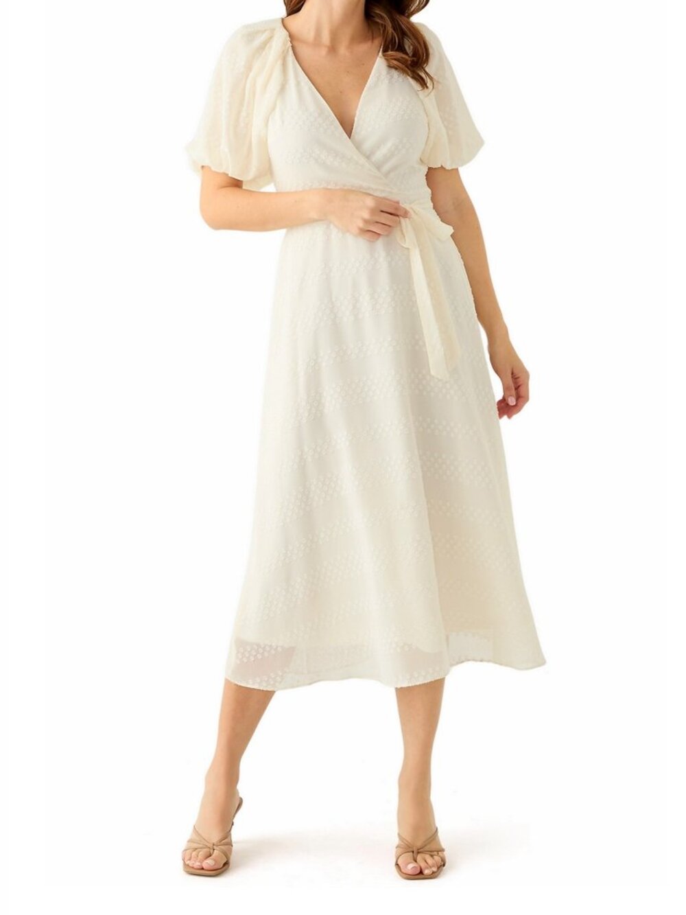 Maison Tara Swiss Dot Puff Sleeve Belted Maxi Dress